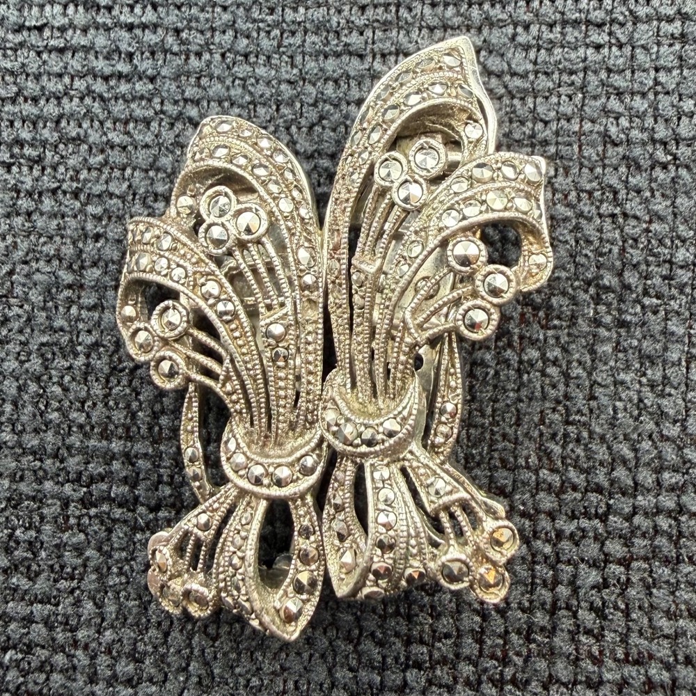 Vintage Art Deco Dress Clips Brooch Duette Marcasite 935 Silver 1.8"
